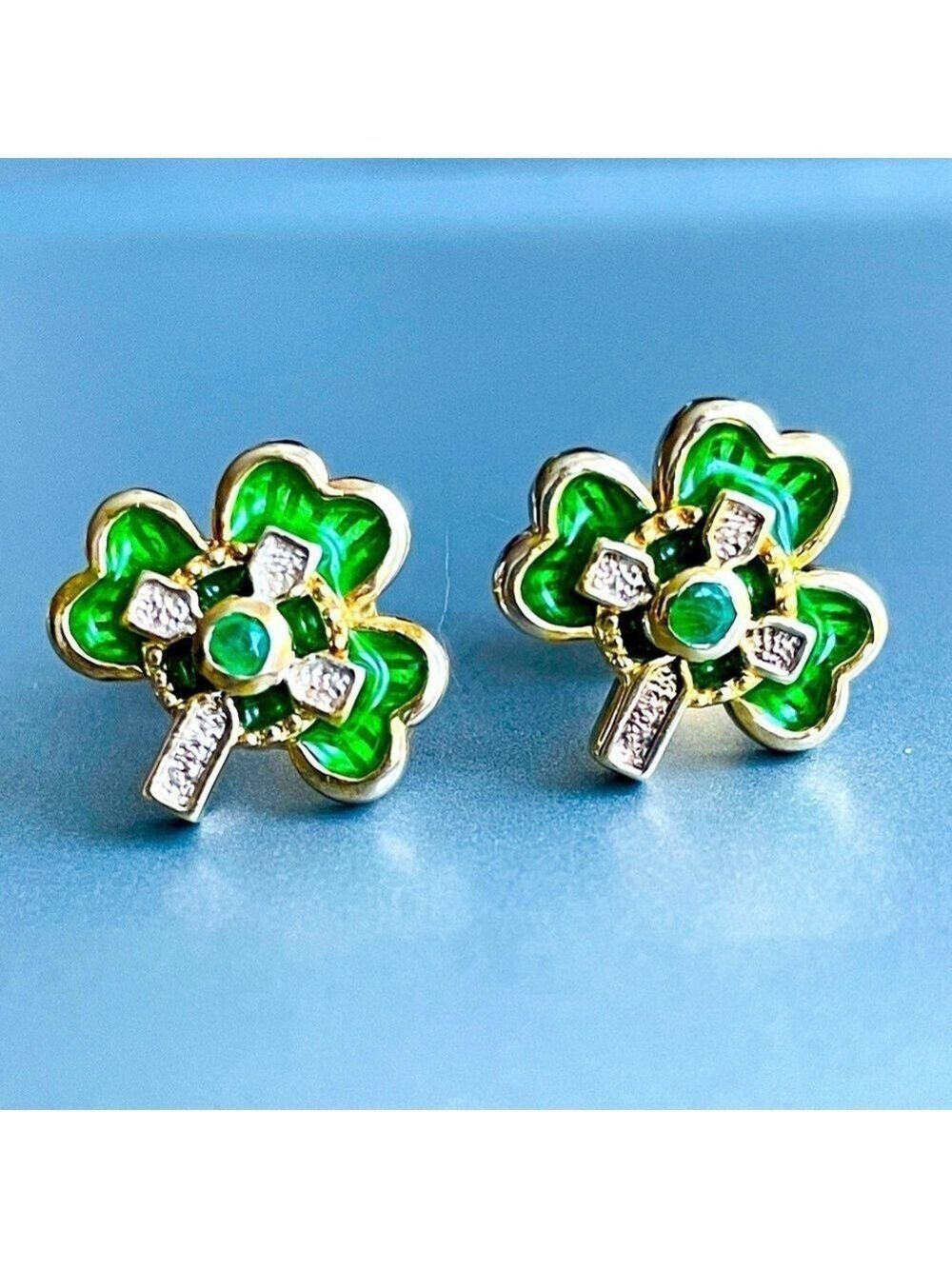 Emerald 3 Leaf Clover Shamrock Green Enamel Gold Vermeil Sterling Stud earrings